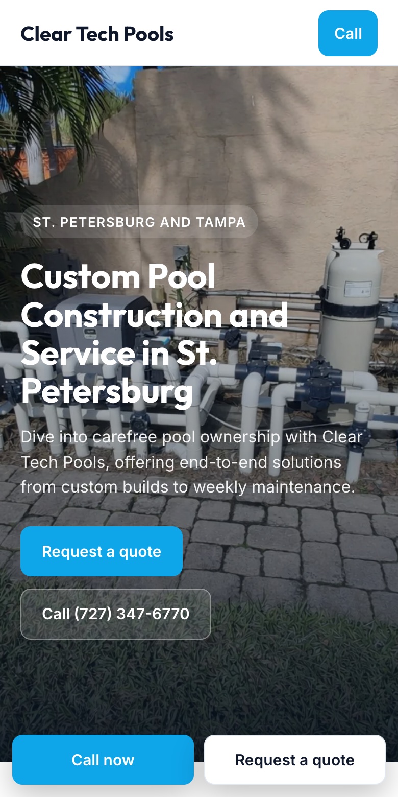 Homepage for a pool builder in St. Petersburg