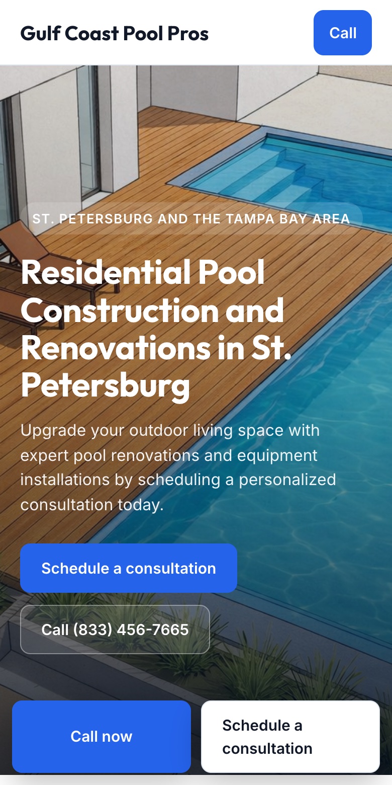 Homepage for a pool service company in St. Petersburg